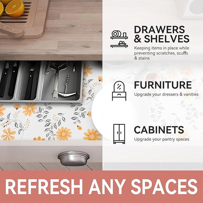RAY STAR Shelf Liner, Non Adhesive Daisy Floral Printed Cabinet Liner for Pantry Drawer, Strong Grip Non Slip Waterproof, Shelf Liners for Kitchen Cabinets Organization 18 Inch x 8 FT (4 Rolls)