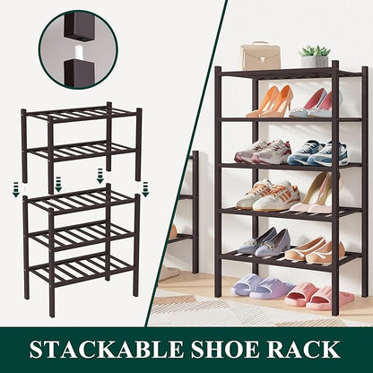 Smiry Bamboo Shoe Rack for Closet, 3 Tier Long Wooden Stackable Shoe Organizer, Free Standing Shoes Storage Shelf for Entryway, Front Door Entrance, Brown