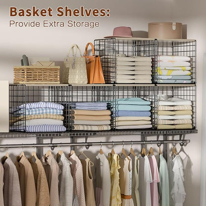 3PCS Stackable Closet Organizers and Storage, Shelves with Wood Top Extra Storage, Clothes Organizer Basket, Bin, or Tube for Wardrobe and Home Organization (Black-Sturdy Metal) Patent Pending