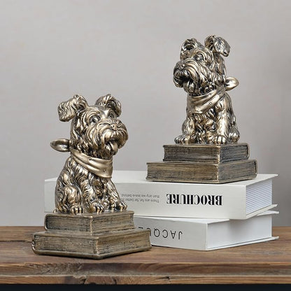 Vintage Antique Gold Dog Bookends,Decorative Book Ends for Shelves,Creative Resin Schnauzer Statues Book Holders for Desk Home Office Bookshelf Decoration,Gifts for Dog Enthusiasts