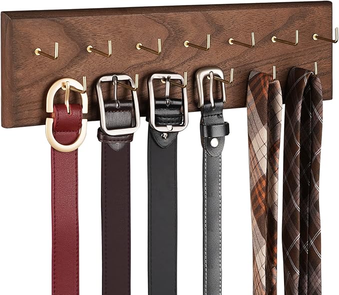 Creproly Belt Organizer - Wall Mounted Hanger for Closet, Holds Over 28 Belts - Wooden Rack with Tie and Scarf Storage (Brown)