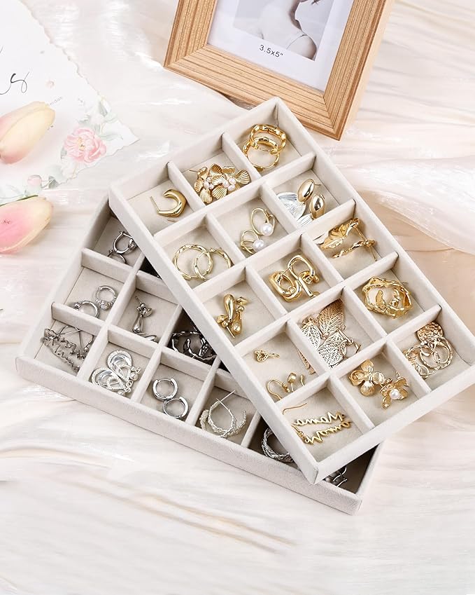 Teppdfann Stackable Jewelry Organizer Trays with Removable Dividers, 2-Tray Beige Jewelry Drawer Organizer Set for Earrings, Necklaces, Rings & Bracelets Gift for Her