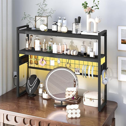 HOOBRO Desktop Bookcase, 2-Tier Desktop Organizer, 37.4" Wooden Office Storage Rack with Outlets, Display Shelf Rack with Light Strip, Desk Hutch for Office, Black BB13UDSJ01