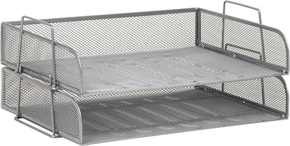 Mind Reader Stackable Paper Tray, Desktop Organizer, File Storage, Office, Metal Mesh, 13.25" L x 9.75" W x 6.25" H, 2 Pcs., Silver