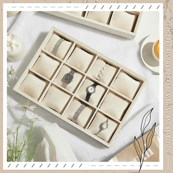 Henoyso 2 Pieces 12 Grid Velvet Watch Tray Jewelry Organizer Stackable Watch Bracelet Bangle Display Holder Adjustable Pillow(Beige)