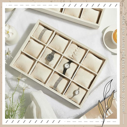 Henoyso 2 Pieces 12 Grid Velvet Watch Tray Jewelry Organizer Stackable Watch Bracelet Bangle Display Holder Adjustable Pillow(Beige)