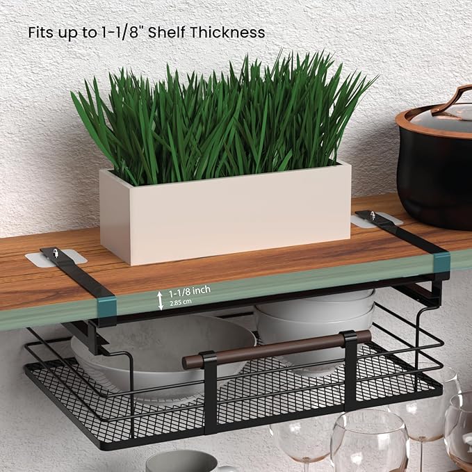 Home Zone Living 2-Pack Under Shelf Pull-Out Drawer Kitchen Cabinet Organizer with Steel Mesh Basket and Wooden Handle, 17 Inch Length
