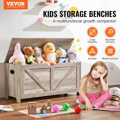 VEVOR Wooden Toy Chest for Kids, Toddler Toy Storage Box with Flip-Top Lid and Safety Hinge, 38.98 x 15.55 x 18.9 Large Kids Storage Bench for Playroom, Bedroom, Living Room or Entryway, Gray