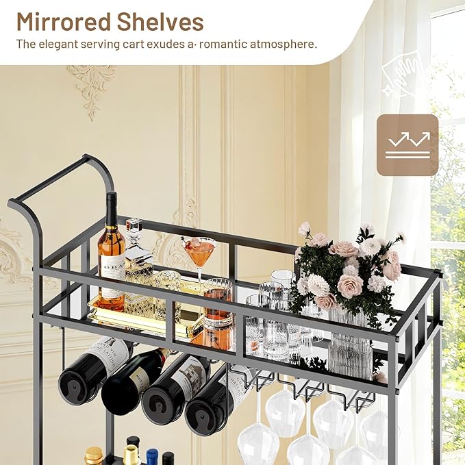 TrailBlaze 2-Tier Black+Mirror Rolling Bar Cart – Mirrored Shelves, Wine Bottle & Glass Racks – Beverage Service Trolley with Wheels for Home, Kitchen, Dining, Living Room
