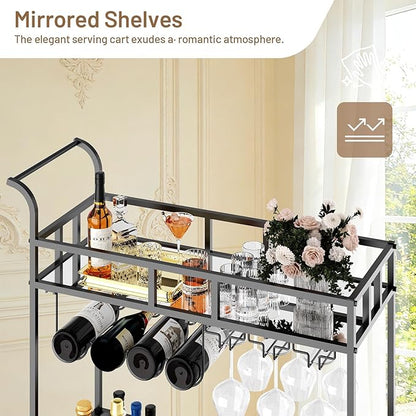 TrailBlaze 2-Tier Black+Mirror Rolling Bar Cart – Mirrored Shelves, Wine Bottle & Glass Racks – Beverage Service Trolley with Wheels for Home, Kitchen, Dining, Living Room
