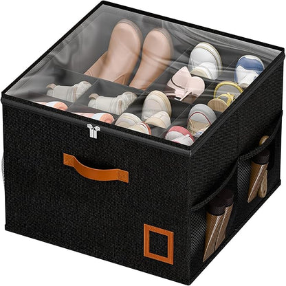 Shoe Organizer for Closet, 1 Pack Foldable Shoe Storage Organizer Box with Adjustable Dividers and Clear Cover, Space Saving Shoe Box with Reinforced Handles, Fits 8-16 Pairs, Black
