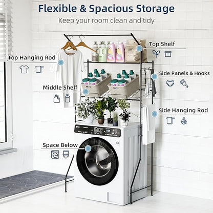 Laundry Room Storage Shelf, 2 Tier Metal Over Washer and Dryer Shelves, Washing Machine Shelf with Hanger Rods & Hooks, Expandable Bathroom Space Saver Shelf, 26–36.8" L x 18.3" W x 73.8" H, Black