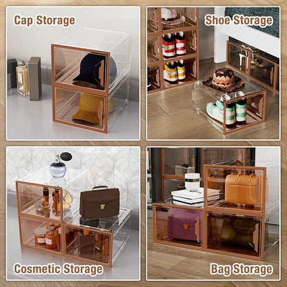 ADTO X-Large Stackable Shoe Boxes - Clear Plastic Shoe Storage Boxes with Magnetic Door, Thicken Shoe Organizer for Closet, Space Saving Foldable Shoe Containers Bins for Sneaker Boot - 6 Pack(Brown)