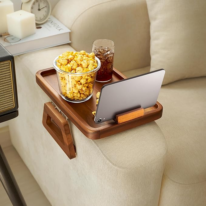 Tinamo Acacia Wood Sofa Armrest Tray with Phone Holder - Large Sofa Arm Tray Table Clip - Couch Arm Table for Wide Couches - Wooden Side Tables for Small Spaces for Eating and Drink(13.8" x 9.5" x 1")
