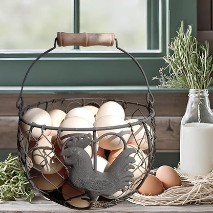 LINCOUNTRY. Chicken Wire Egg Basket for Gathering Fresh Eggs with Handle, Round Metal Egg Collecting Basket Countertop Storage Container Holder, Vintage Rustic Farmhouse Rooster Decor Kitchen