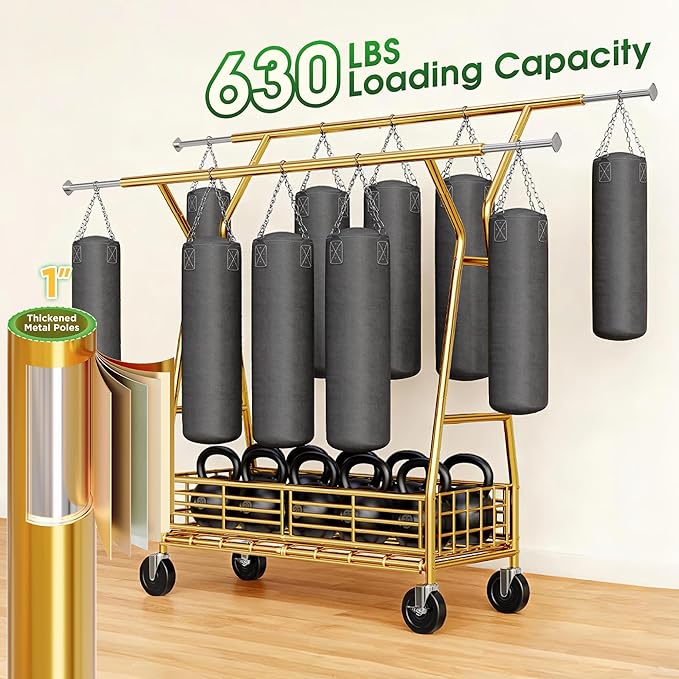 Raybee Heavy Duty Clothes Rack 630LBS, Double Rods Clothing Rack with Storage Basket, Portable Garment Rack for Heavy Clothes, Extendable & Adjustable, Bedroom, Closet, Commercial, Gold