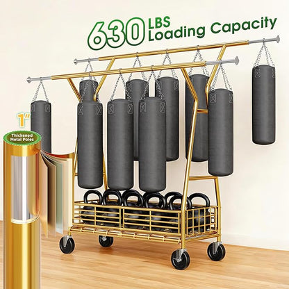 Raybee Heavy Duty Clothes Rack 630LBS, Double Rods Clothing Rack with Storage Basket, Portable Garment Rack for Heavy Clothes, Extendable & Adjustable, Bedroom, Closet, Commercial, Gold