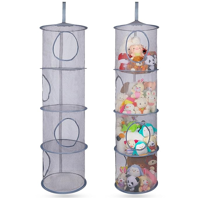 Basumee Stuffed Animals Net or Hammock 2 Pcs Stuffed Animals Storage Toy Net Hammock for Plushies Storage Organizer Mesh Kids Girls Room Decor, Gray, 4 Tiers
