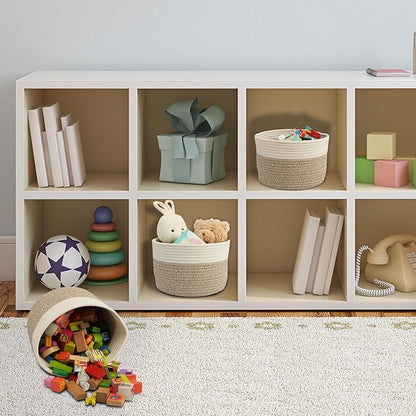 Woven Cotton Storage Baskets - 3-Pack Round Bins (10x10x7'') for Shelves, Closets & Bookcases | Durable Rope Organizers for Nursery, Baby, Toys, Easter & More white and brown
