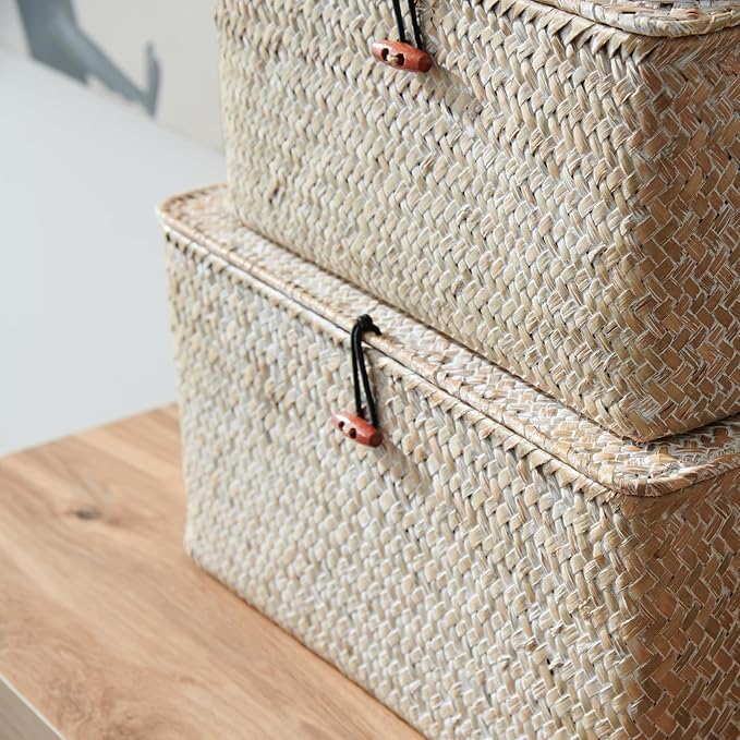 4 Pack, Wicker Baskets with Lids, Nautral Seagrass Storage Baskets, Wicker Storage Baskets for Organizing, Rustic Rectangular Storage Basket, Rattan Storage Organizer for Shelf Whitewash