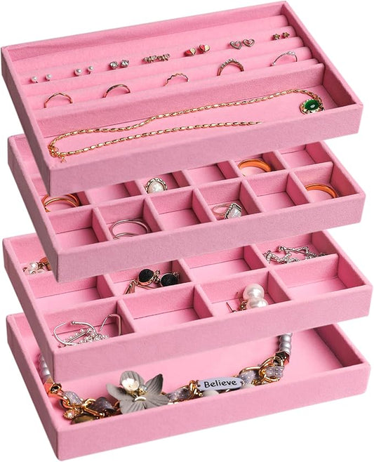 Frebeauty Jewelry Organizer Tray,Stackable Velvet Jewelry Trays,Drawer Inserts Earring Organizer For Women Jewelry Storage Display Case for Rings Stud Necklaces,Set of 4(Pink)