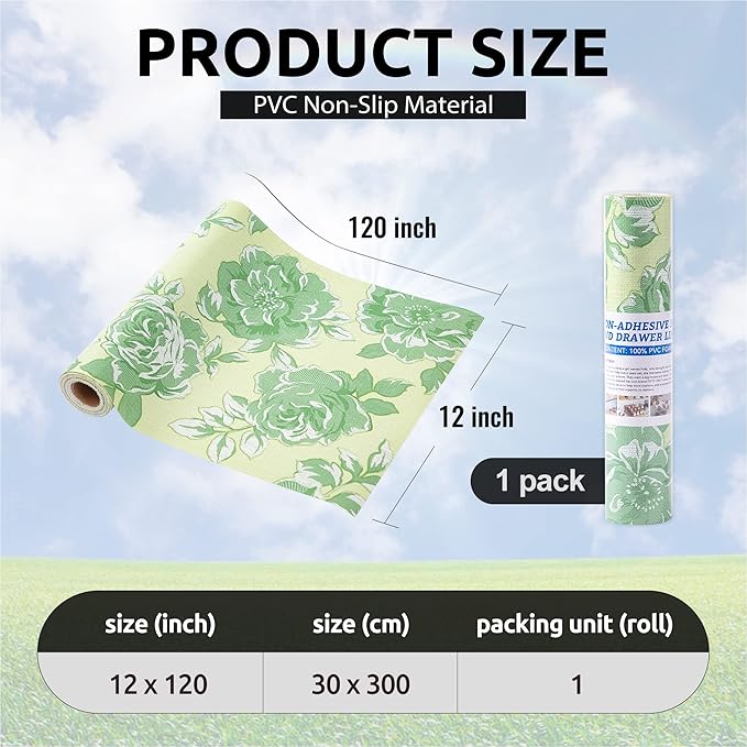 FIFTY FEET 12X120 Inch Shelf Liner for Kitchen Cabinets, PVC Drawer Liner for Dresser Non-Slip Bathroom, Non-Adhesive Cabinet Liner Washable (Green Flower)(1 Roll)