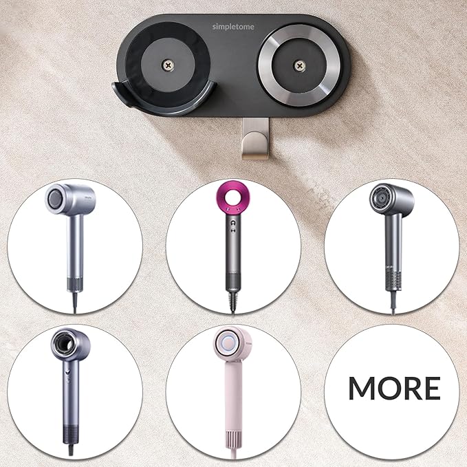 simpletome Hair Dryer Holder Wall Mount for All Magnetic High Speed Blow Dryer with Plug Cord Organizer Hook (Aluminum Alloy, Grey)