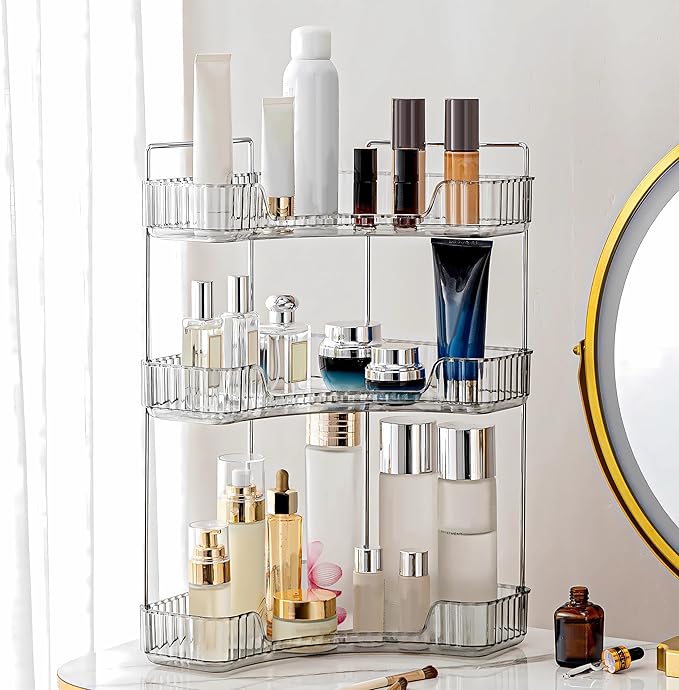 Weidace Corner Bathroom Counter Organizer Bathroom Countertop Shelf Makeup Organizer for Vanity Perfume Tray for Corner Storage (3 Tiers, Grey)