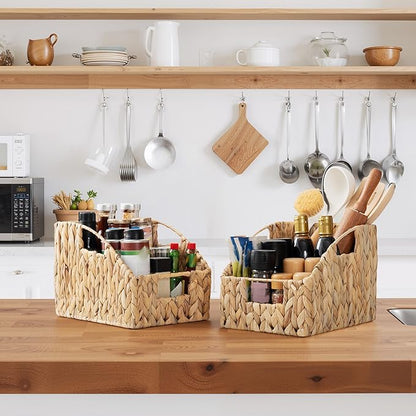 GRANNY SAYS Wicker Storage Baskets for Shelves, Trapezoid Woven Basket with Handles, Storage Wicker Baskets for Pantry, Water Hyacinth, 2-Pack