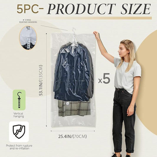 Hanging Vacuum Storage Bags,Hanging Vacuum Sealer Storage Space Saver Bags for Clothes, Suits, Coats, Dresses or Jackets, Reusable Compressed Vacuum Bags Closet Organizers,Long 5 Pack(53.1x27.6in)