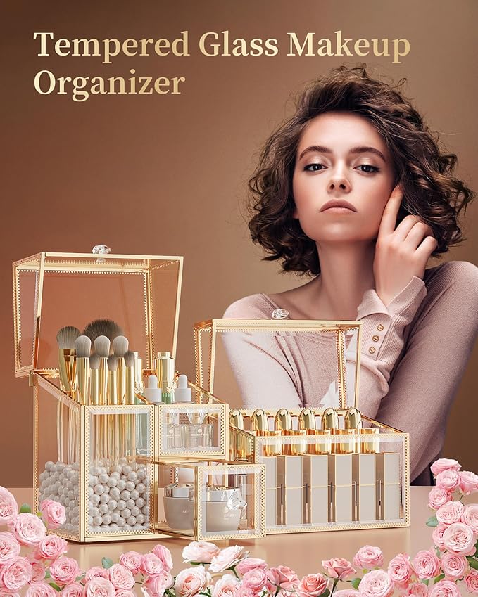 CoralHouse Glass Makeup Organizer Set – Vanity Organizer with 18-Slot Lipstick Organizer & Makeup Brush Holder with Lid – Skincare, Perfume & Cosmetic Storage for Bathroom or Dresser