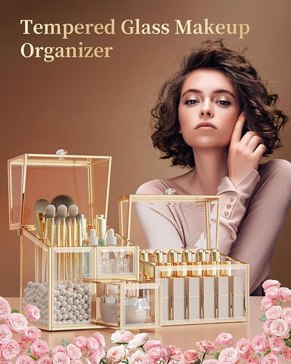 CoralHouse Glass Makeup Organizer Set – Vanity Organizer with 18-Slot Lipstick Organizer & Makeup Brush Holder with Lid – Skincare, Perfume & Cosmetic Storage for Bathroom or Dresser
