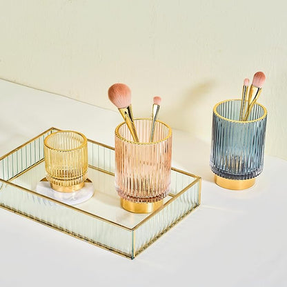 LEICURACE Makeup Brush Organizer, Toothbrush Holder, Desk Pen Pencil Holder, Multifunctional Vintage Glass Brush Cup (S/Gold/A3-12-US)