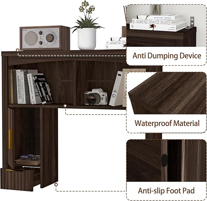 Desktop Shelf, Wooden Desk Hutch with Storage, Desktop Bookshelf with Cabinet and Drawer, Office Desk Organizer, Space-Saving Organization, Over Desk Storage Shelves for Home, Dorm, Walnut