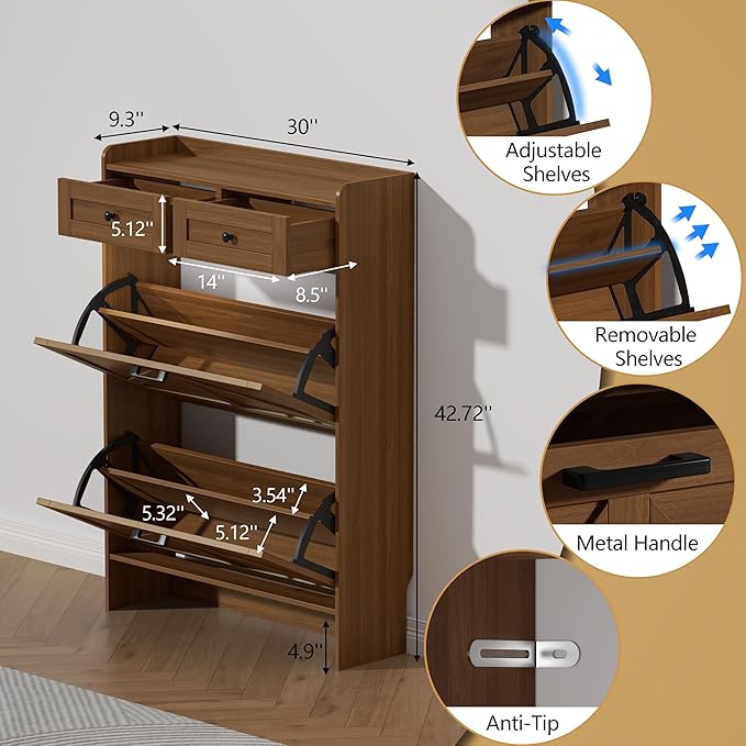 Shoe Cabinet with 2 Flip Drawers & 2 Storage Drawers, Rustic Farmhouse Narrow Shoe Organizer Cabinet, Slim Shoe Rack Cabinet, Shoe Storage Cabinet for Entryway, Hallway, Front Door