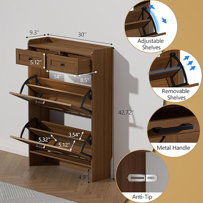 Shoe Cabinet with 2 Flip Drawers & 2 Storage Drawers, Rustic Farmhouse Narrow Shoe Organizer Cabinet, Slim Shoe Rack Cabinet, Shoe Storage Cabinet for Entryway, Hallway, Front Door