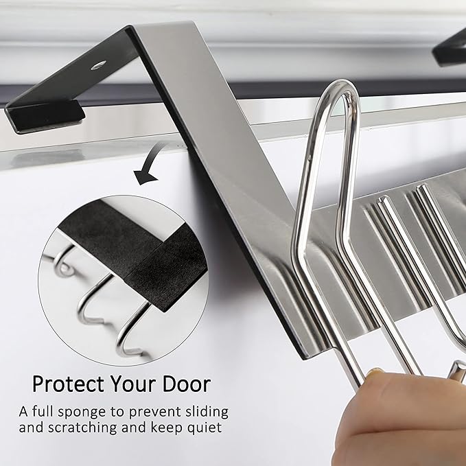SKOLOO Over The Door Hooks - for Doors up to 1-3/4'' Thickness, Metal Door Hanger with 11 Hooks, Over The Door Hanger for Coats, Hats,Towels, Silver