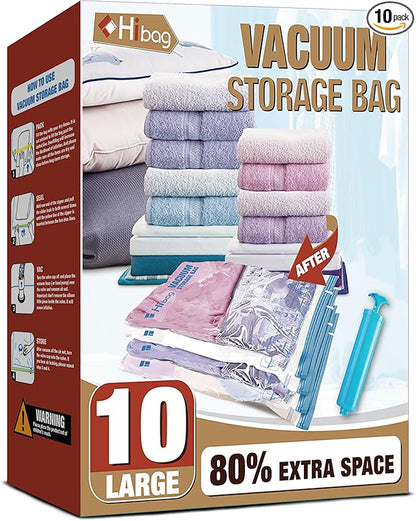 Vacuum Storage Bags, 10 Large Space Saver Vacuum Seal Bags, Space Bags for Clothes, Blankets, Bedding (10L)