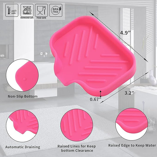 MicoYang Silicone Bathroom Soap Dishes with Drain Spout-Bathroom and Kitchen Sink Organizer,Sponge Holder,Dish Soap Tray,Perfect for Dispenser,Scrubber,Bottle,Cup on Sink or Counter-Rose 4.9"×3.2"
