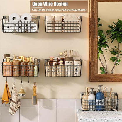 Sonyabecca 4 Pack Hanging Wall Basket for Organizing, Large Wire Basket for Storage Pantry with 5 S Hook+4 Adhesive Hook, Wall Mounted Shelf for Kitchen Bathroom