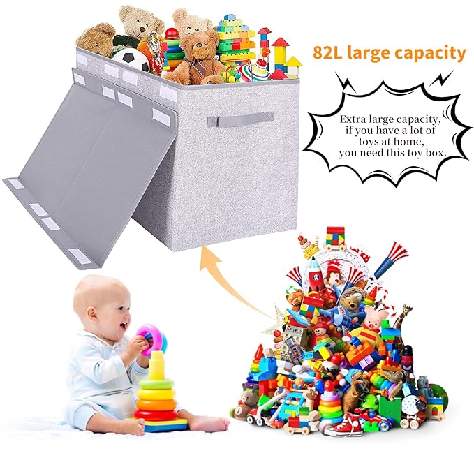 Large Toy Box Chest Storage Organizer with Lid,Collapsible Kids Toys Boxes Basket Bins with Sturdy Handles for Boys and Girls, Nursery, Playroom, Closet 25"x13" x16" (Light Grey)