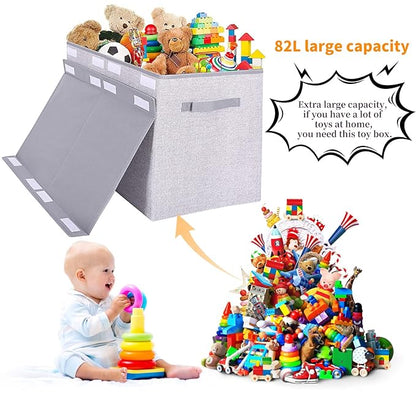 Large Toy Box Chest Storage Organizer with Lid,Collapsible Kids Toys Boxes Basket Bins with Sturdy Handles for Boys and Girls, Nursery, Playroom, Closet 25"x13" x16" (Light Grey)