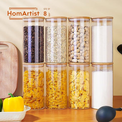 Glass Jars with Bamboo Lids 28 floz [Set of 8], Glass Canisters with Airtight Lids, Glass Food Storage Containers for Pasta, Oats, Coffee, Flour, Sugar, Rice, Best for Kitchen & Pantry