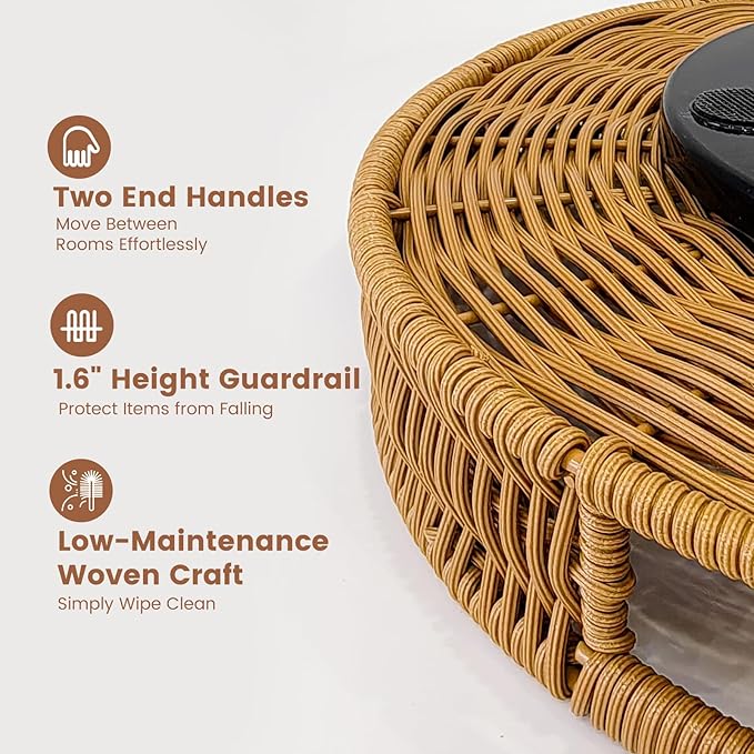 12 Inch Rattan Lazy Susan Turntable Organizer, Round Rotating Wicker Serving Tray with Handles for Kitchen Counter, Coffee Table, Cabinet Storage