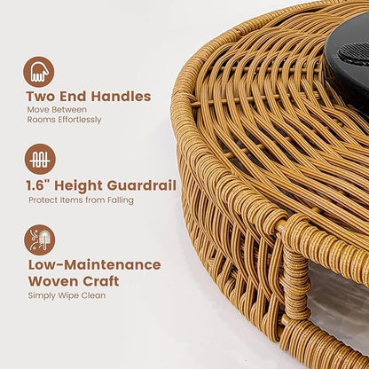 12 Inch Rattan Lazy Susan Turntable Organizer, Round Rotating Wicker Serving Tray with Handles for Kitchen Counter, Coffee Table, Cabinet Storage
