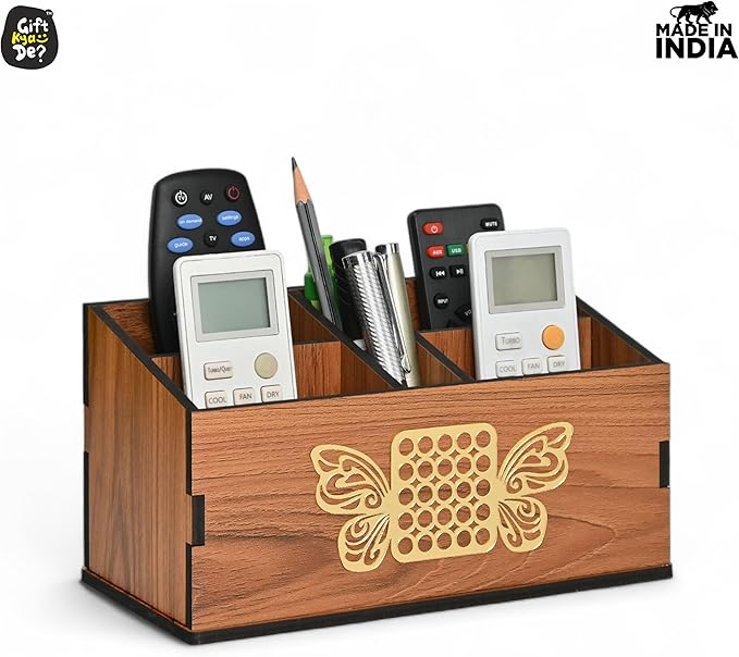 GKD wooden Remote Stand with 5 Sections | Remote Holder for Living Room, TV, and AC | Stationary Organizer | 5 in 1 | Ideal for Home and Office (Brown Butterfly)