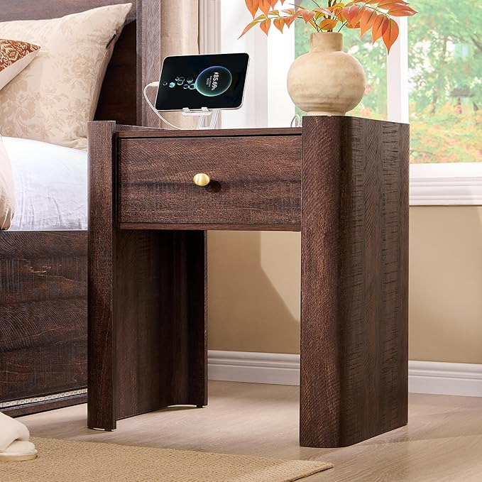 IFGET 23.6" Tall Modern Nightstand with Charging Station, 22" Wide Curved Bedside Table with 1 Storage Drawer, Wooden Night Stand, Large End Table for Bedroom, Living Room, Brown