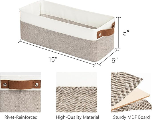 StorageWorks Narrow Storage Bins, Small Baskets for Organizing, Long Storage Basket with Handles, Fabric Storage Bins for Shelf, Brown and White, 2-Pack