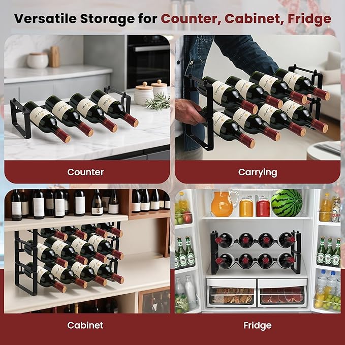 Black Wine Rack for 12 Bottles – Stackable & Expandable Metal Wine Bottle Holder for Bar Counter, Cabinet, Pantry, or Small Spaces – Modern Freestanding Wine Storage Shelf (3 Tier, Black)