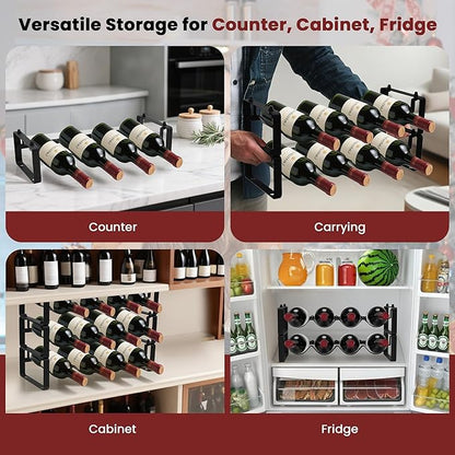 Black Wine Rack for 12 Bottles – Stackable & Expandable Metal Wine Bottle Holder for Bar Counter, Cabinet, Pantry, or Small Spaces – Modern Freestanding Wine Storage Shelf (3 Tier, Black)